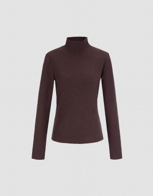 T Shirts Urban Revivo Mock Neck Tricoté Mince Femme Marron | ENY4294NE