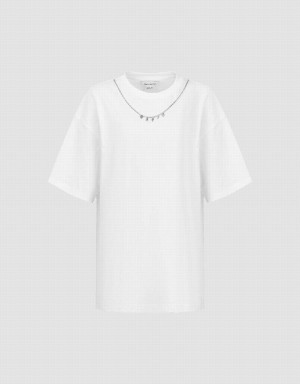 T Shirts Urban Revivo Necklace Decor Crew Neck Loose Femme Blanche | AGK114UC