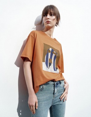 T Shirts Urban Revivo Printed Loose Femme Orange | NWT90100TL