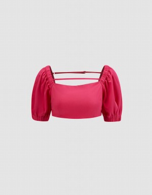 T Shirts Urban Revivo Puff Sleeve Crop Top Femme Rouge | HOB8323GS