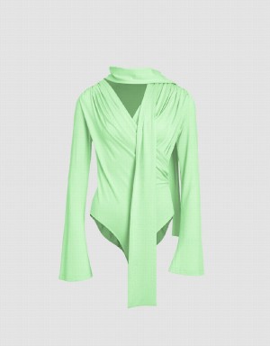 T Shirts Urban Revivo Ruched Bow Neck Mince Femme Vert | KFH3734IX