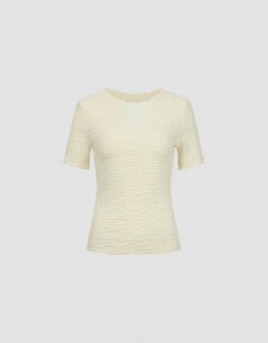 T Shirts Urban Revivo Shirred Crew Neck Mince Femme Blanche | WYR7522PP