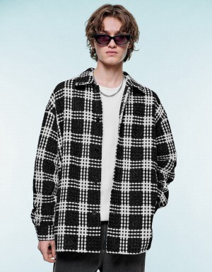 Vestes Urban Revivo Plaid Loose Checkered Homme Noir | PMS689BB