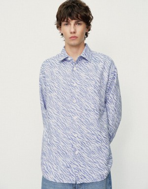 Vestes Urban Revivo Printed Button Up Oversized Homme Bleu | RPS2928DQ