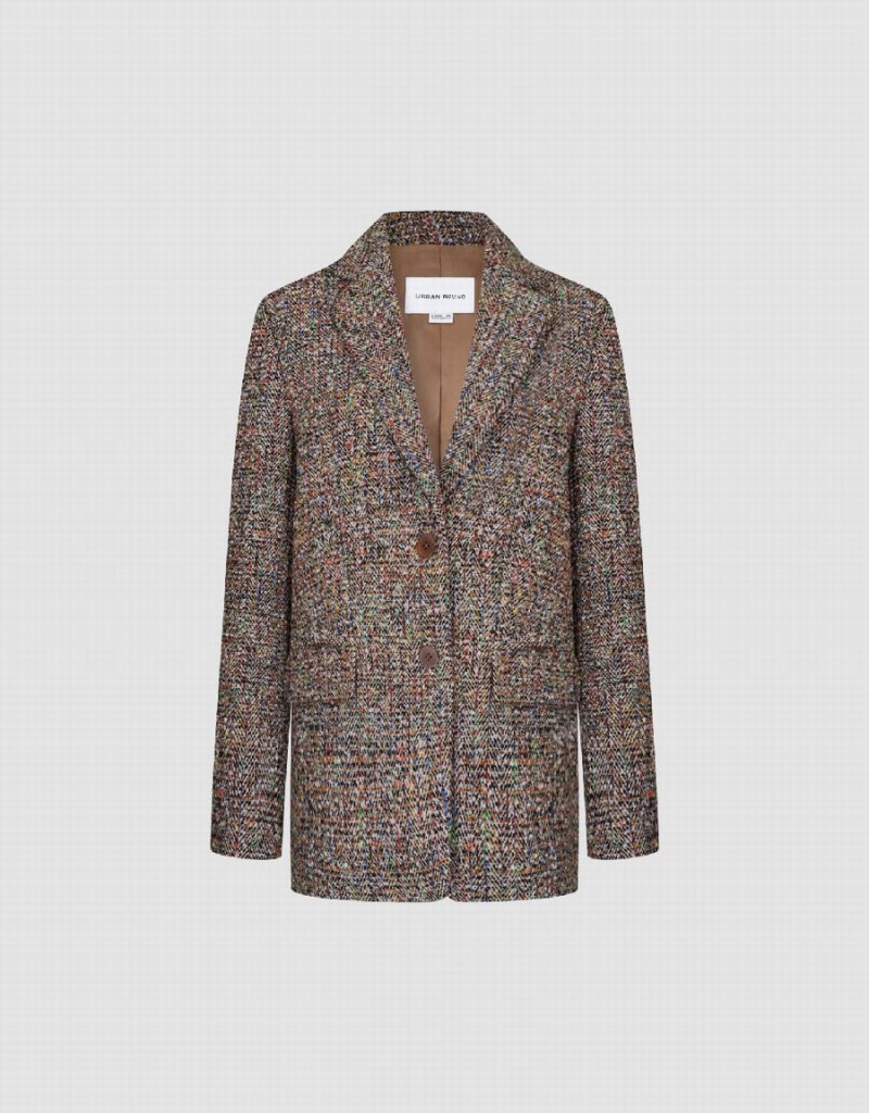 Blazer Urban Revivo Notch Lapel Tweed Femme Marron Multicolore | UUC1516LM