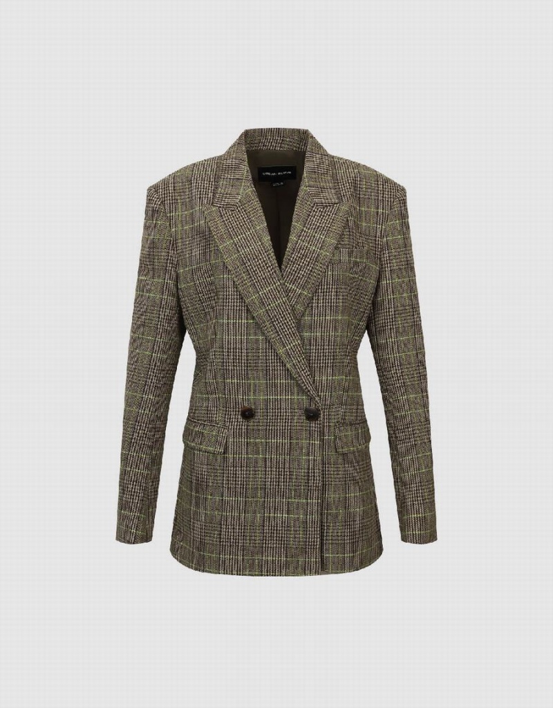 Blazer Urban Revivo Peak Lapel Plaid Femme Vert | JCP8866VM