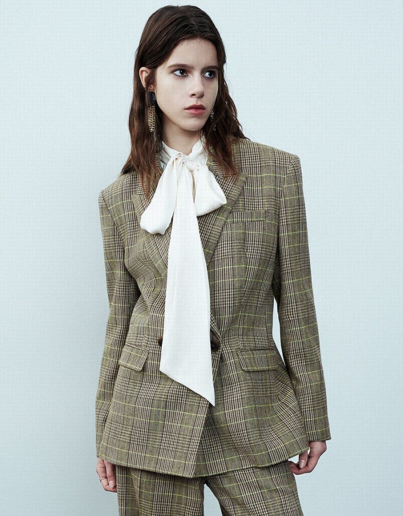 Blazer Urban Revivo Peak Lapel Plaid Femme Vert | JCP8866VM