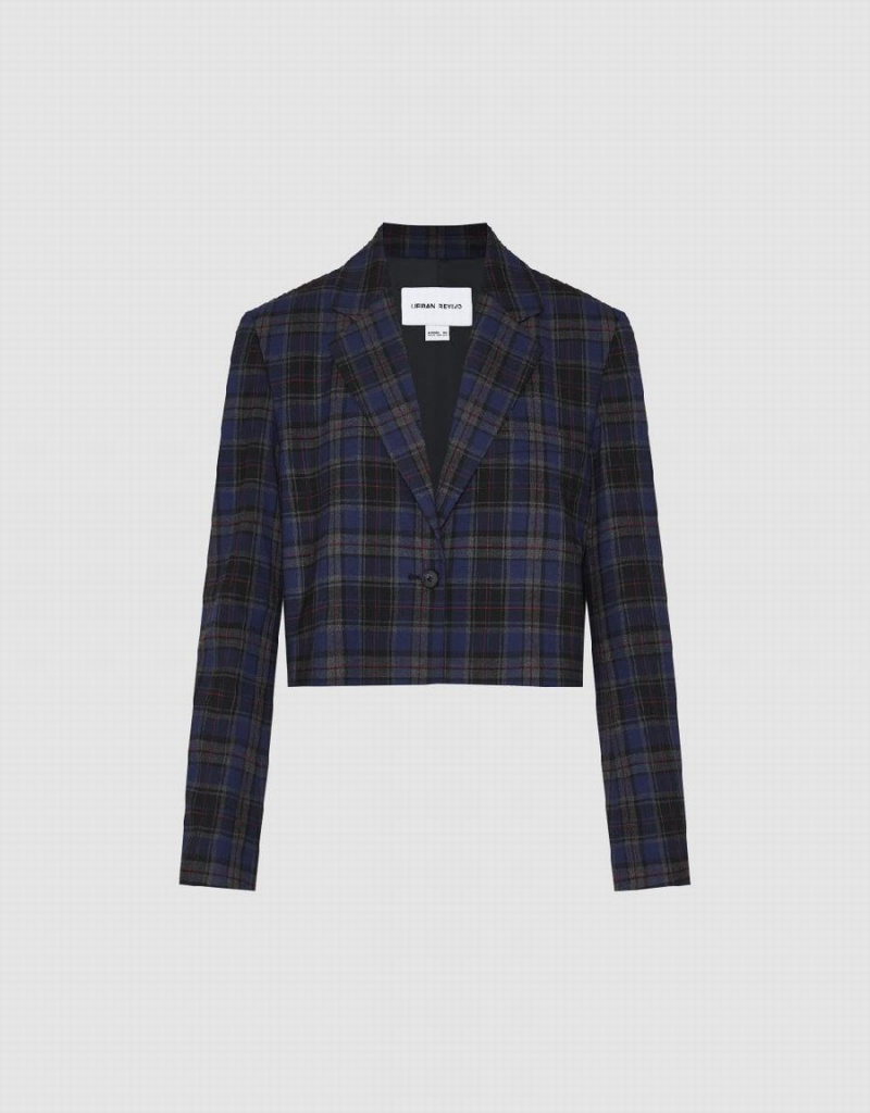 Blazer Urban Revivo Plaid Cropped Checkered Femme Bleu | NGI327HX