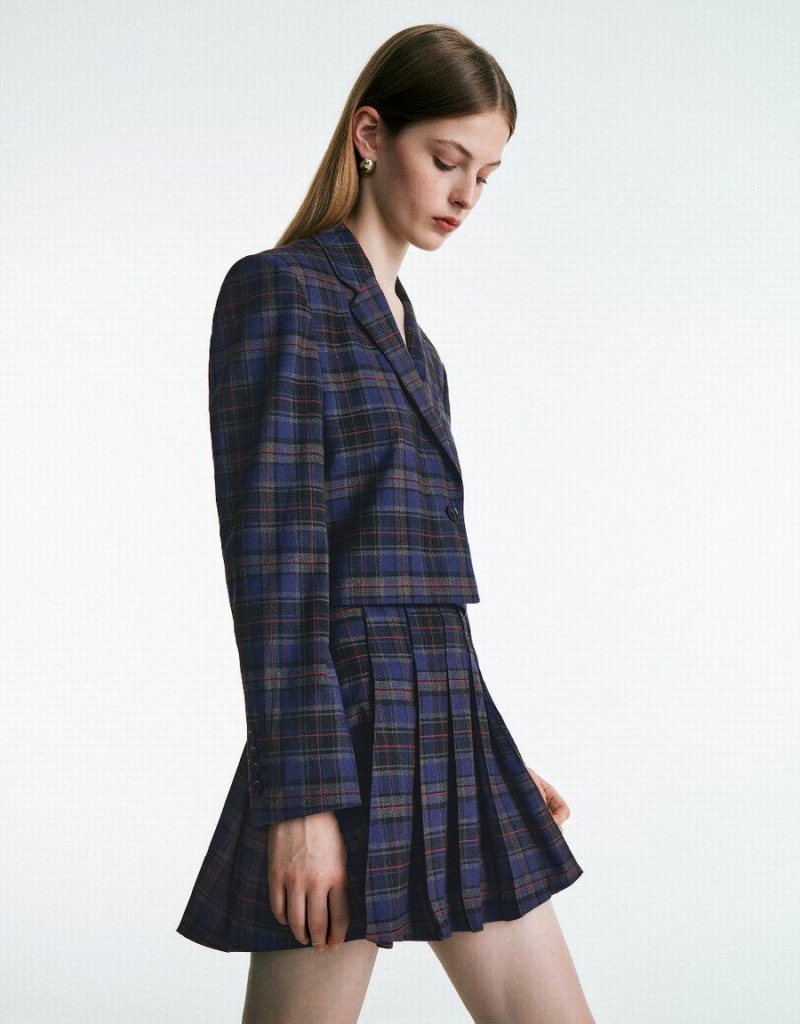 Blazer Urban Revivo Plaid Cropped Checkered Femme Bleu | NGI327HX