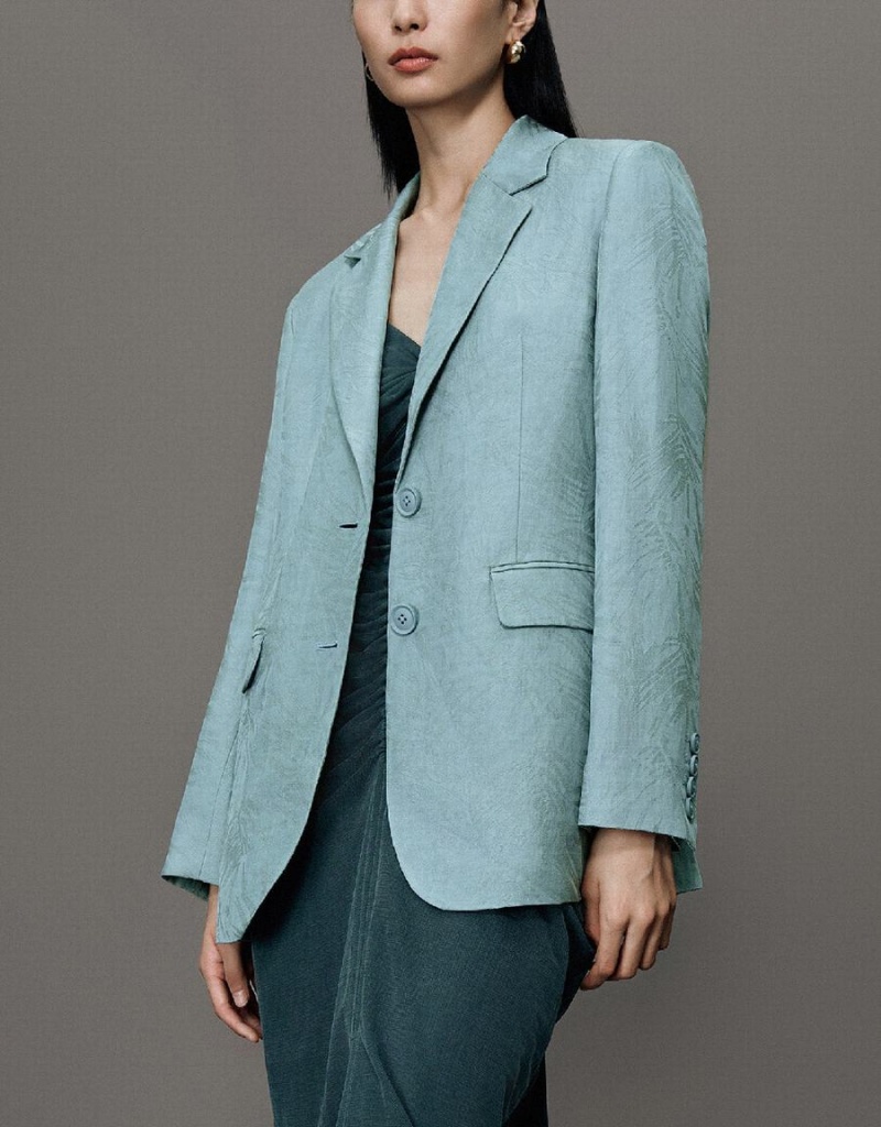 Blazer Urban Revivo Pritned Notch Lapel Femme Bleu | DFX4342QR