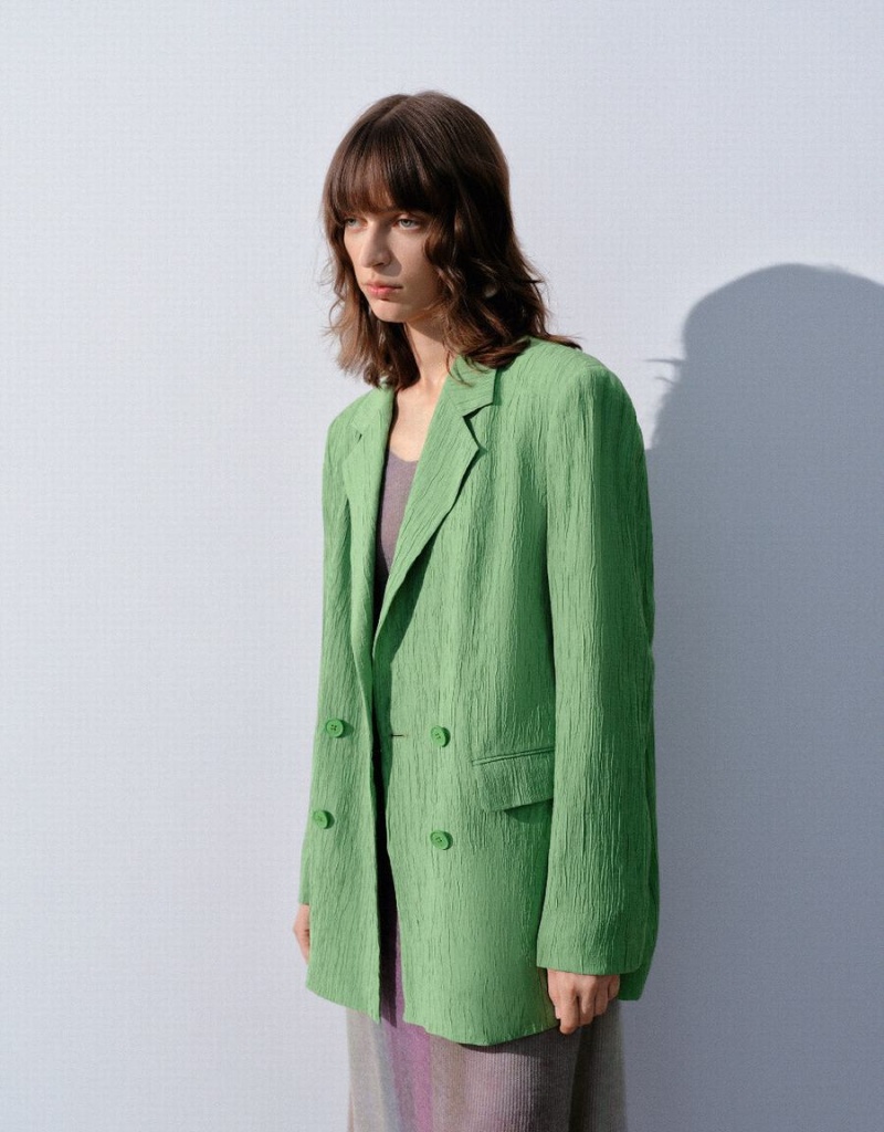 Blazer Urban Revivo Textured Notch Lapel Femme Vert | DXC4679TM