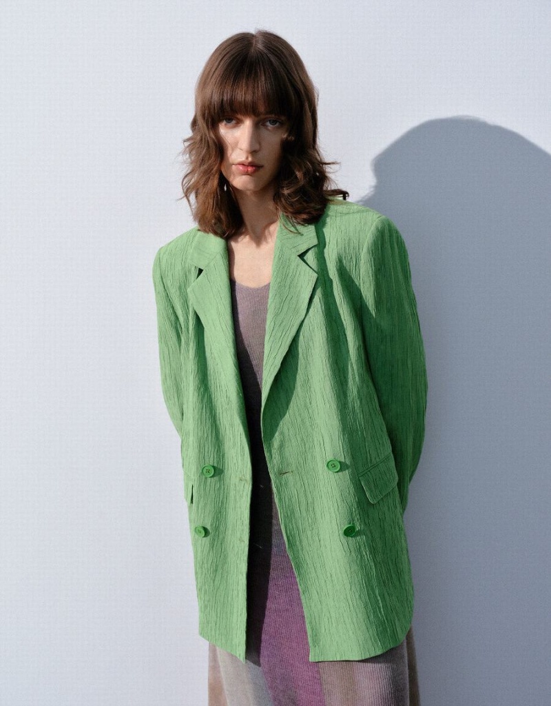 Blazer Urban Revivo Textured Notch Lapel Femme Vert | DXC4679TM