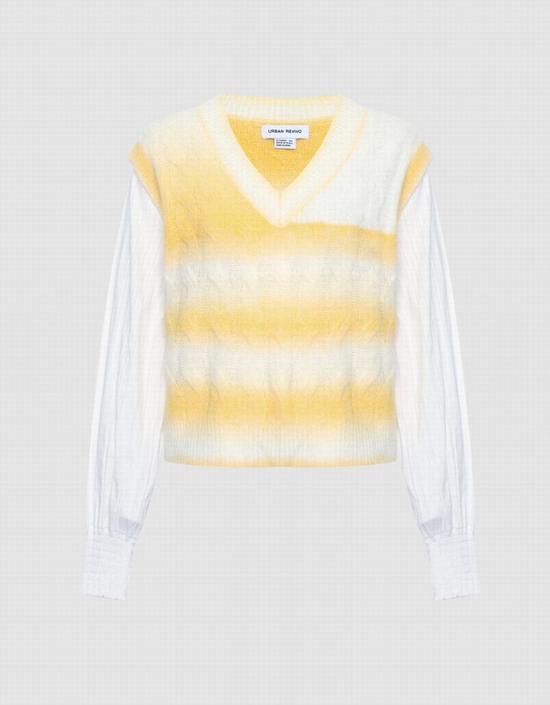 Cardigan Urban Revivo 2 In 1 Rayé Cable Knit Top Femme Blanche Jaune | ICP7289RE