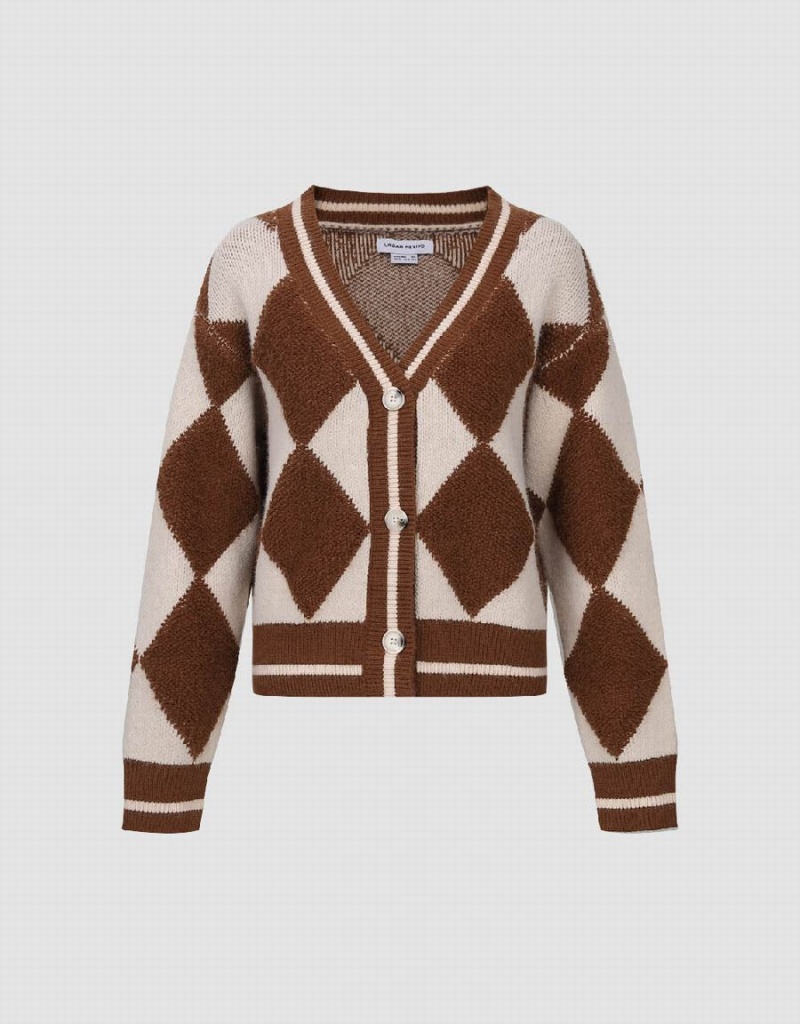 Cardigan Urban Revivo Argyle Pattern V-Neck Tricoté Femme Marron Foncé | EYU5126NU