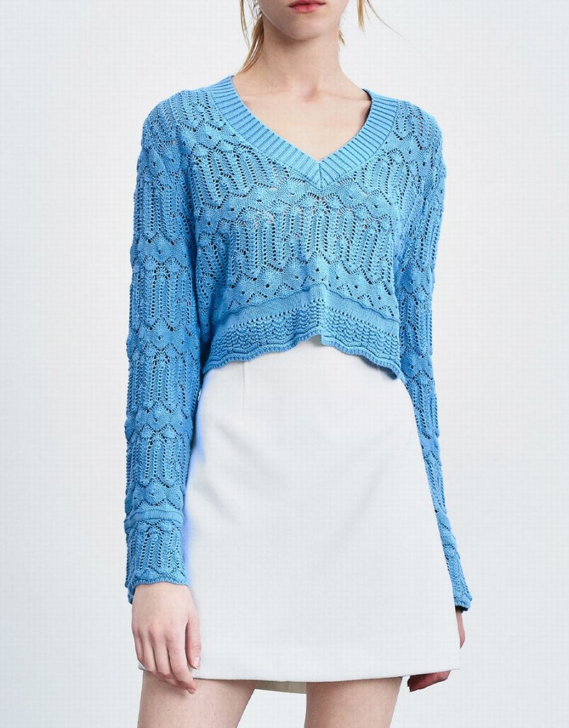 Cardigan Urban Revivo Bell Sleeve Pointelle Knit Top Femme Bleu | ZNX6144FD