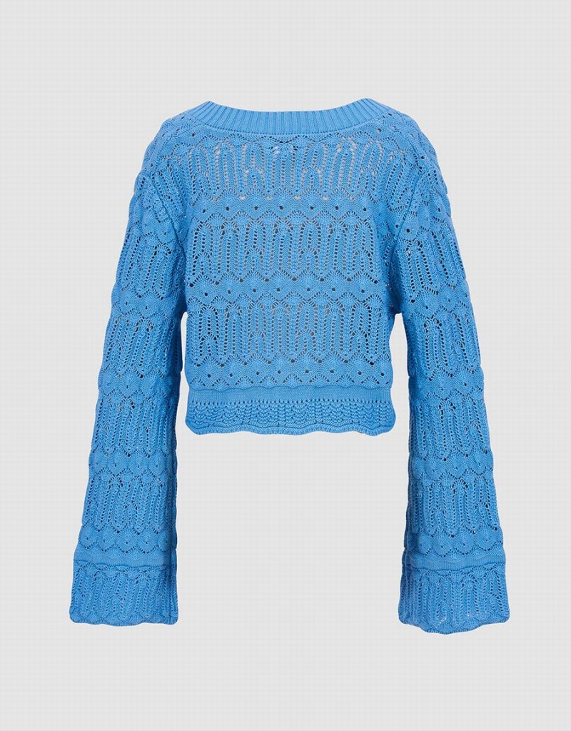 Cardigan Urban Revivo Bell Sleeve Pointelle Knit Top Femme Bleu | ZNX6144FD