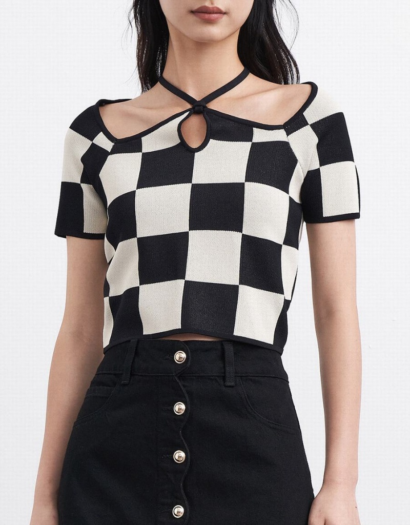 Cardigan Urban Revivo Checkered Halter Tricoté Top Femme Grise | OKR765BY