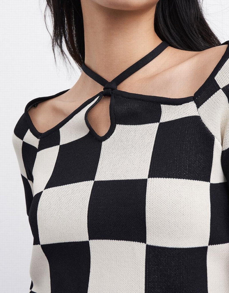 Cardigan Urban Revivo Checkered Halter Tricoté Top Femme Grise | OKR765BY