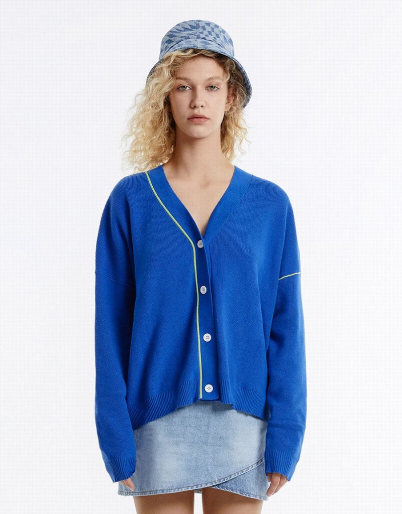 Cardigan Urban Revivo Contrast Stitch Femme Bleu | BUY7959OC