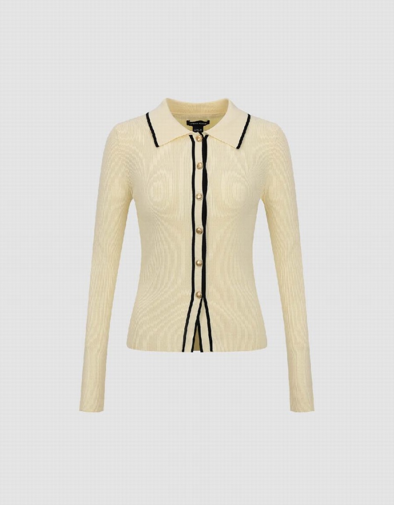 Cardigan Urban Revivo Contrast Trim Tricoté Femme Beige | YZJ6467KW