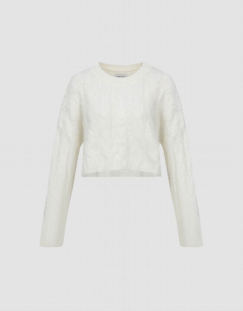 Cardigan Urban Revivo Crew Neck Cable Tricoté Femme Blanche | HTP2599KF