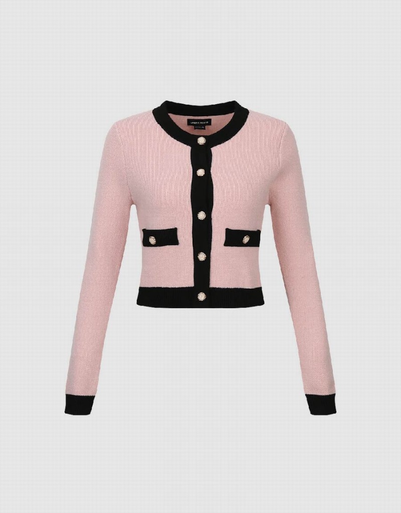 Cardigan Urban Revivo Crew Neck Droit Tricoté Femme Rose | EWQ153LY