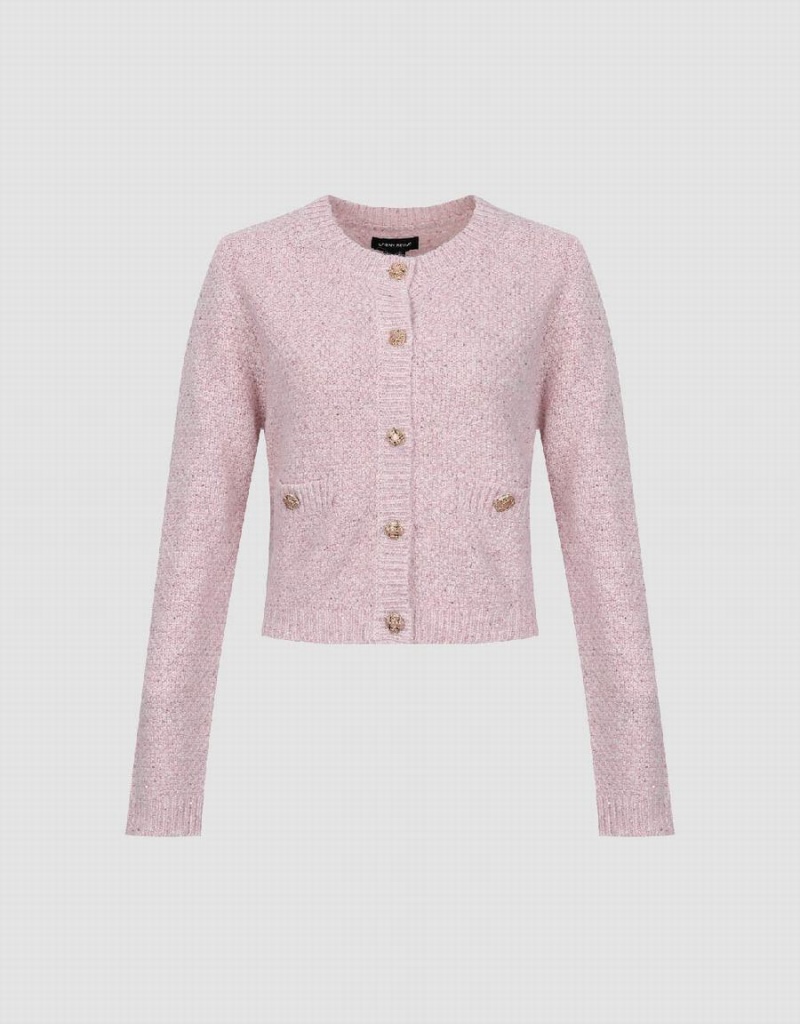 Cardigan Urban Revivo Crew Neck Tricoté With Fake Pockets Femme Rose | FJZ5918HJ