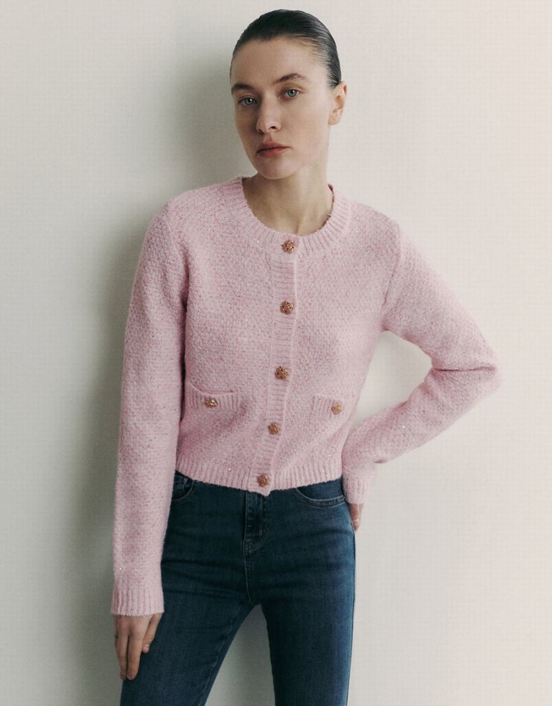 Cardigan Urban Revivo Crew Neck Tricoté With Fake Pockets Femme Rose | FJZ5918HJ