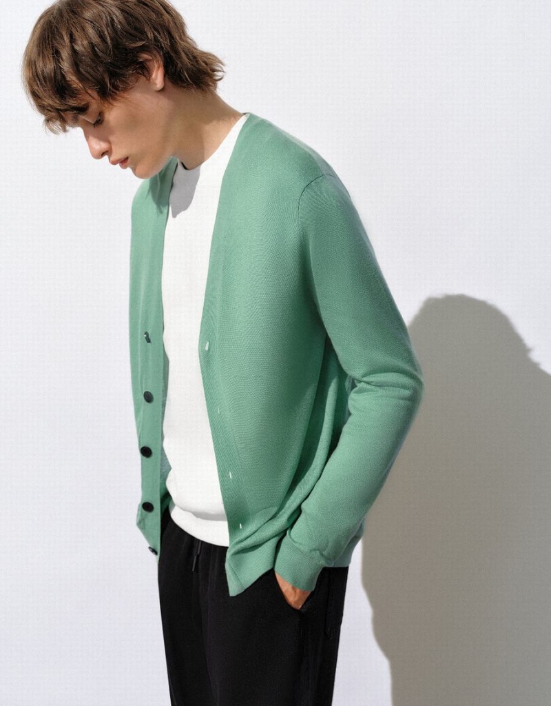 Cardigan Urban Revivo Droit Tricoté Homme Vert | LJN2147GF