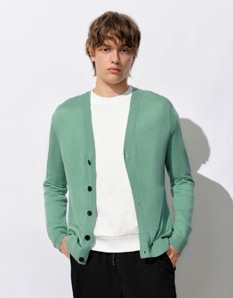 Cardigan Urban Revivo Droit Tricoté Homme Vert | LJN2147GF