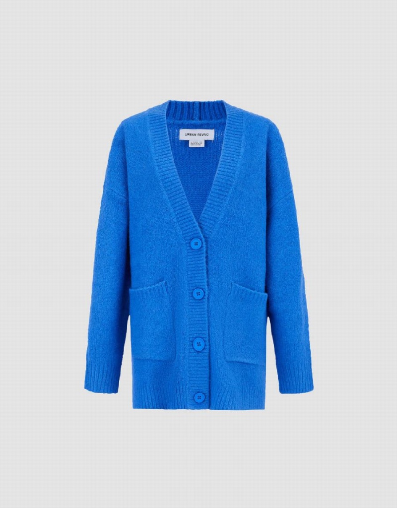 Cardigan Urban Revivo Drop Shoulder Sleeve V-Neck Tricoté Femme Bleu | VFM855UB