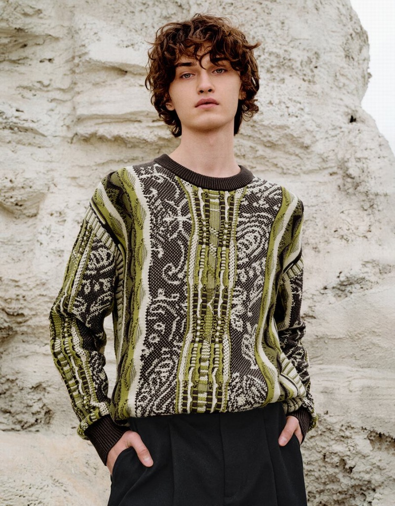 Cardigan Urban Revivo Embroidered Tricoté Homme Vert Multicolore | CPJ1481HZ