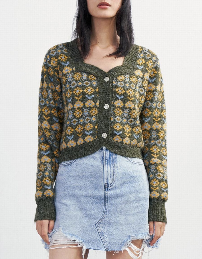 Cardigan Urban Revivo Floral Button Up Femme Vert | NMQ7227FB