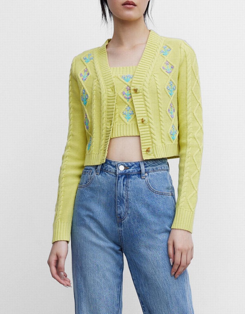 Cardigan Urban Revivo Floral Embroidery Cable Knit Femme Vert | WYM32JA