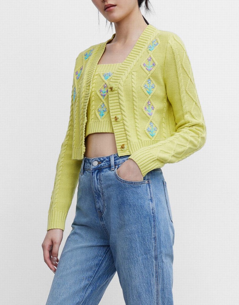 Cardigan Urban Revivo Floral Embroidery Cable Knit Femme Vert | WYM32JA