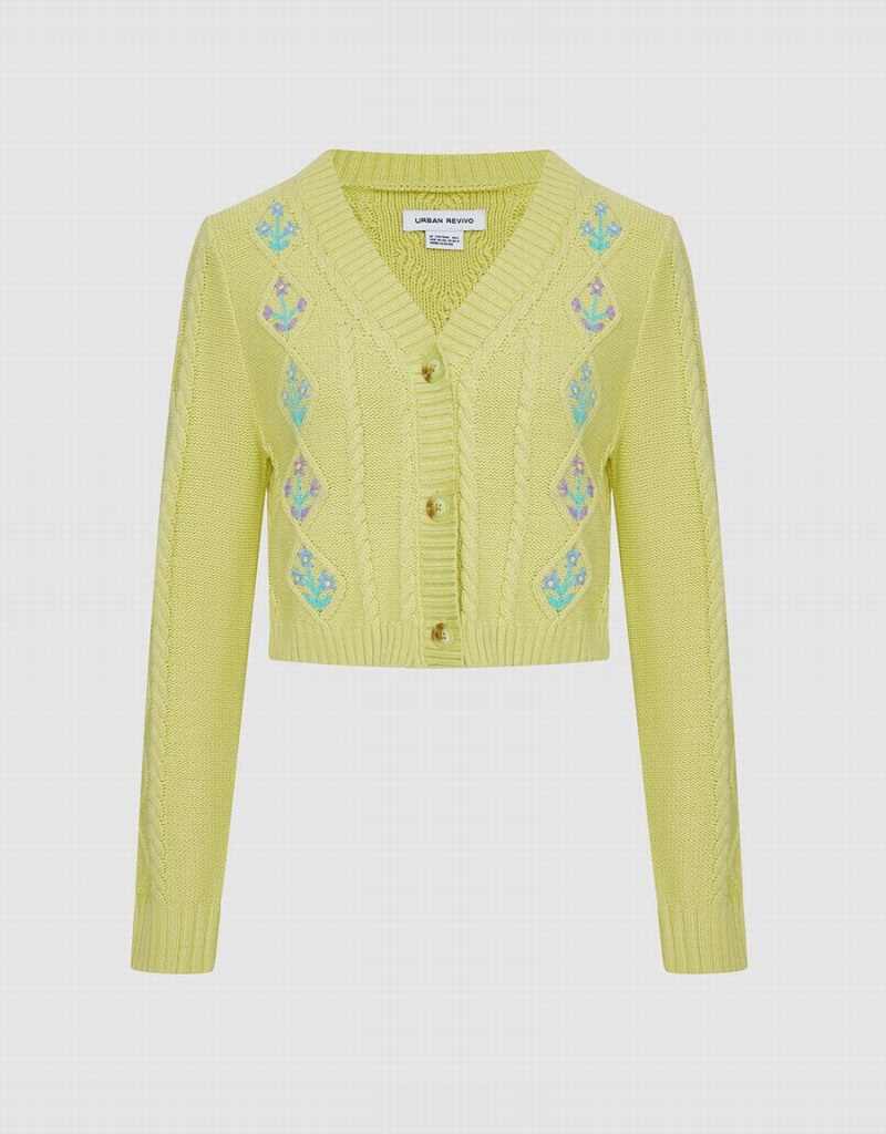 Cardigan Urban Revivo Floral Embroidery Cable Knit Femme Vert | WYM32JA