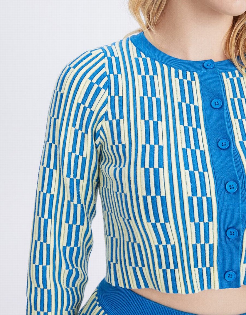 Cardigan Urban Revivo Geo Pattern Button Up Femme Bleu | TUZ8830TD