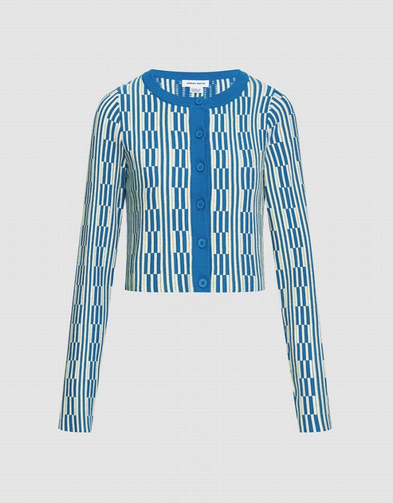 Cardigan Urban Revivo Geo Pattern Button Up Femme Bleu | TUZ8830TD