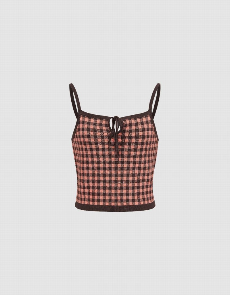 Cardigan Urban Revivo Gingham Cami Top Femme Marron | ZJM1761DH