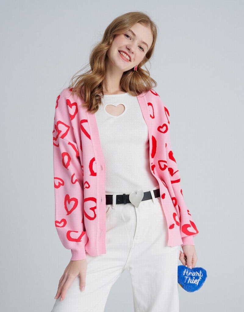 Cardigan Urban Revivo Heart Pattern Jacquard Button Up Oversized Femme Rose | UAX3056LN