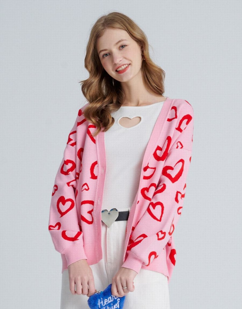 Cardigan Urban Revivo Heart Pattern Jacquard Button Up Oversized Femme Rose | UAX3056LN