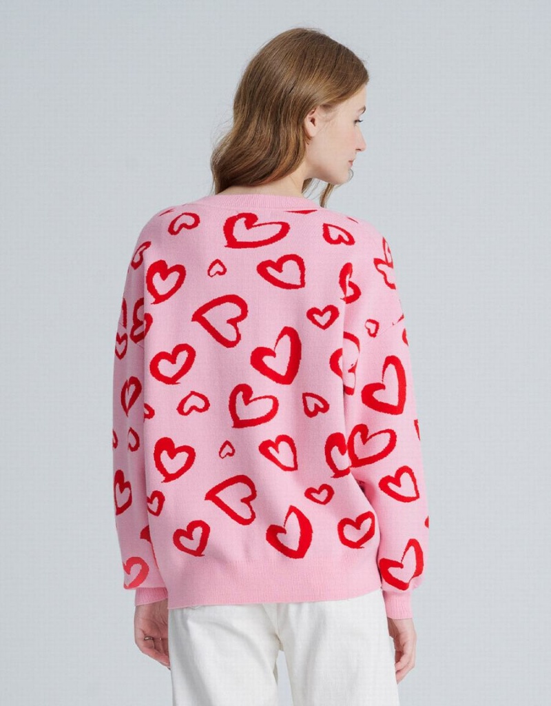 Cardigan Urban Revivo Heart Pattern Jacquard Button Up Oversized Femme Rose | UAX3056LN