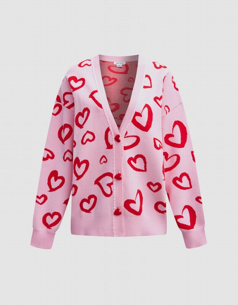 Cardigan Urban Revivo Heart Pattern Jacquard Button Up Oversized Femme Rose | UAX3056LN