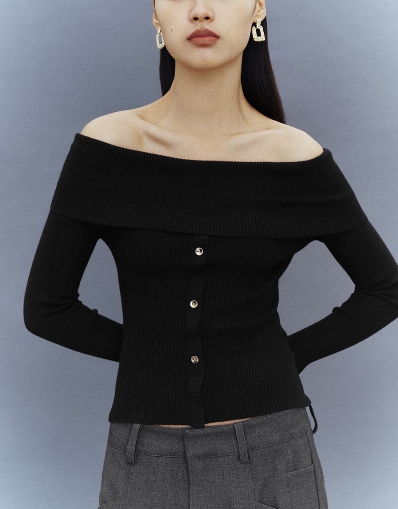 Cardigan Urban Revivo Off-Shoulder Mince Tricoté Femme Noir | WER3117JO