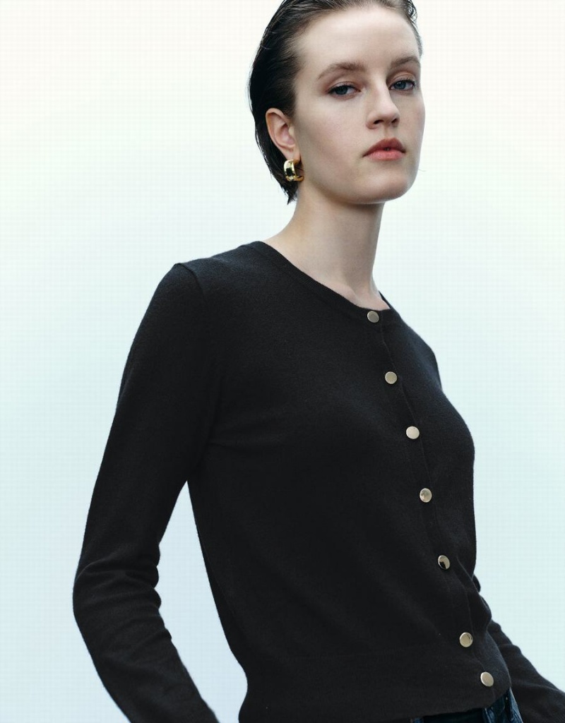 Cardigan Urban Revivo Pressed Button Crew Neck Tricoté Femme Noir | MPH890AB