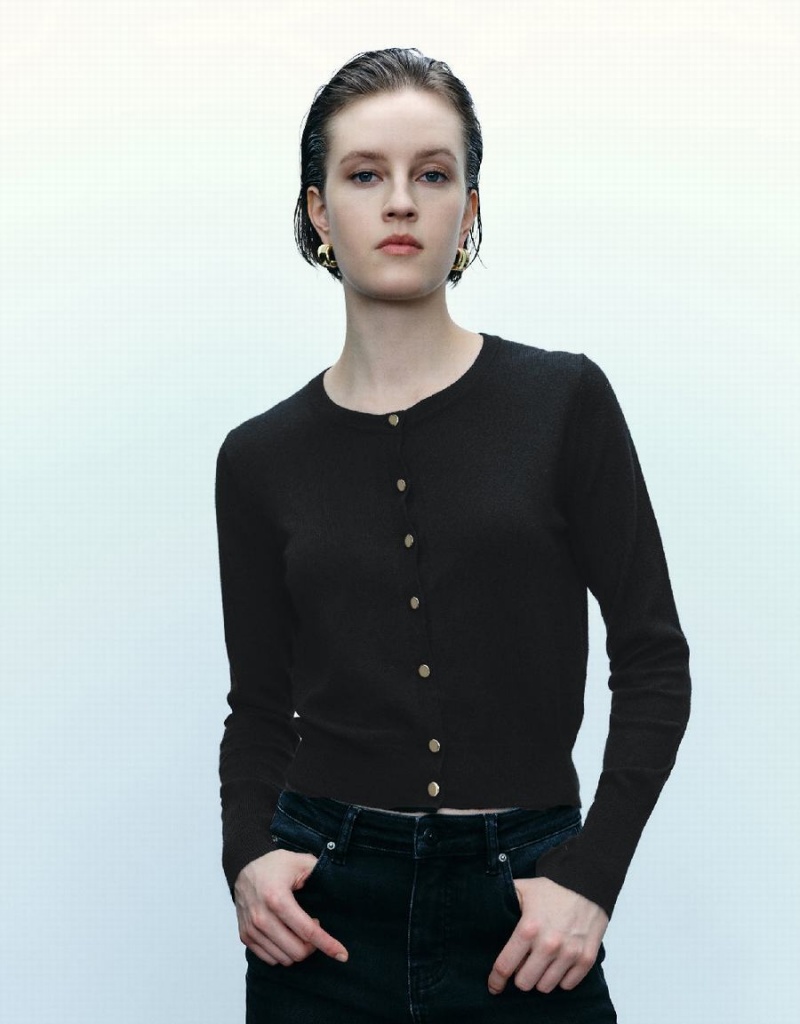 Cardigan Urban Revivo Pressed Button Crew Neck Tricoté Femme Noir | MPH890AB