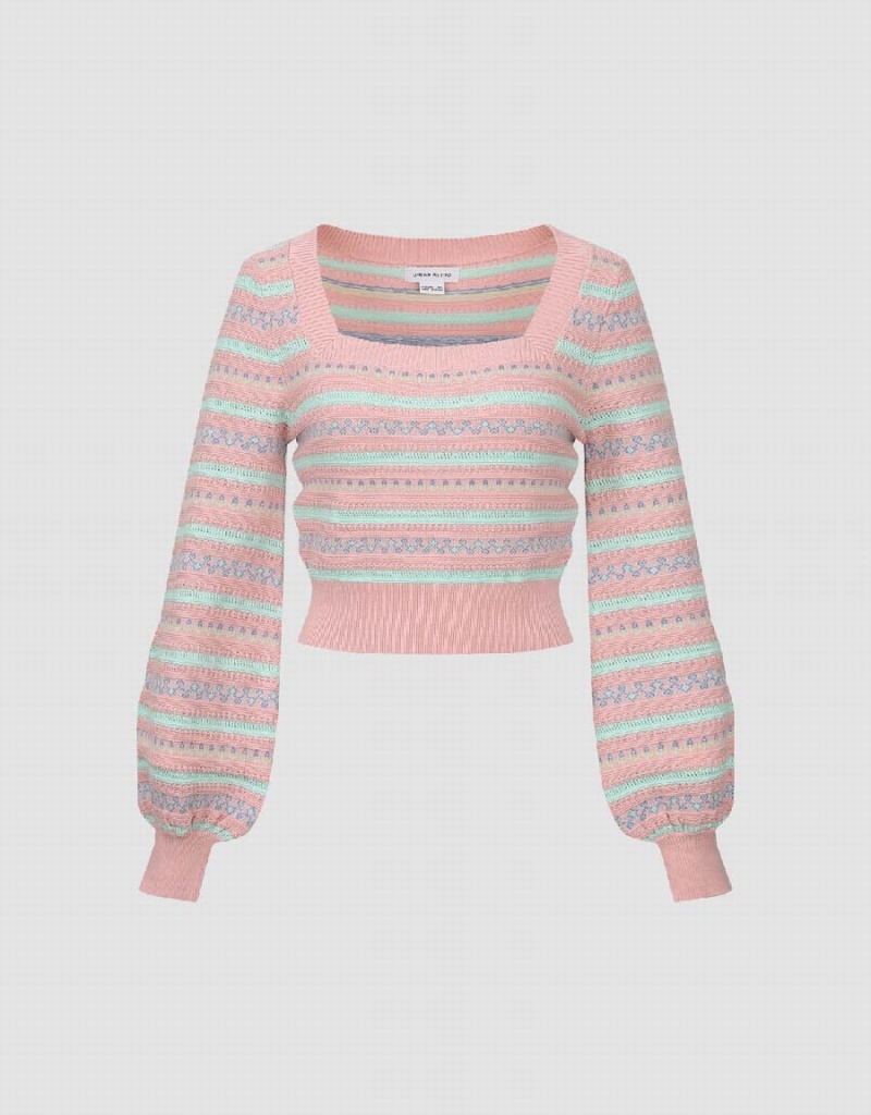 Cardigan Urban Revivo Puff Sleeve Square-cut Collar Tricoté Femme Rose | HKF4955XT