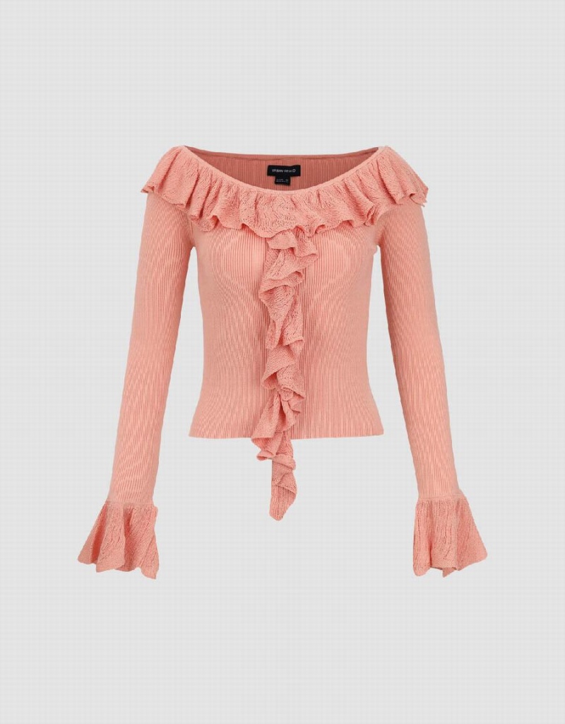 Cardigan Urban Revivo Raglan Sleeve Ruffle Tricoté Femme Rose | ISI3318OC