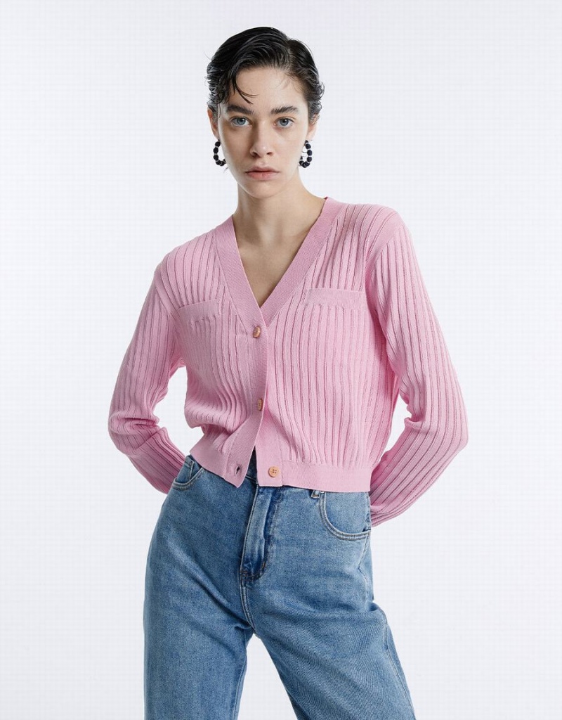 Cardigan Urban Revivo Rib Knit Cropped Femme Rose | BXL2725SK