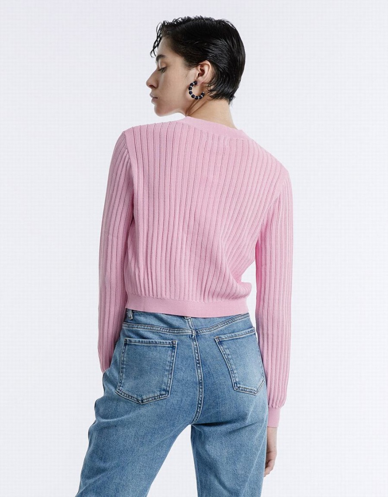 Cardigan Urban Revivo Rib Knit Cropped Femme Rose | BXL2725SK